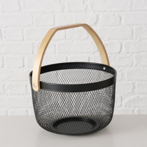 STOR OG TRENDY KURV I METALL MED TREHANK, H 17 CM, SVART