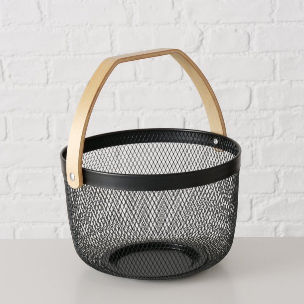 STOR OG TRENDY KURV I METALL MED TREHANK, H 17 CM, SVART
