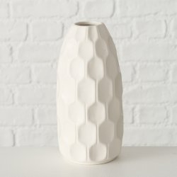 VAKKER HNDLAGET KERAMIKK VASE, HVIT, H 19 CM!