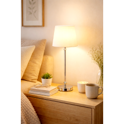 TRENDY OG STILIG BORDLAMPE, S�LVFARGET MED HVIT SKJERM, H 56 CM M/SKJERM