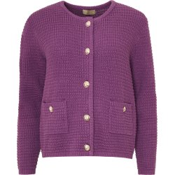 LEKKER STRIKKEJAKKE I BOMULL MED GULLKNAPPER, LYNGFARGET