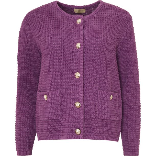 LEKKER STRIKKEJAKKE I BOMULL MED GULLKNAPPER, LYNGFARGET