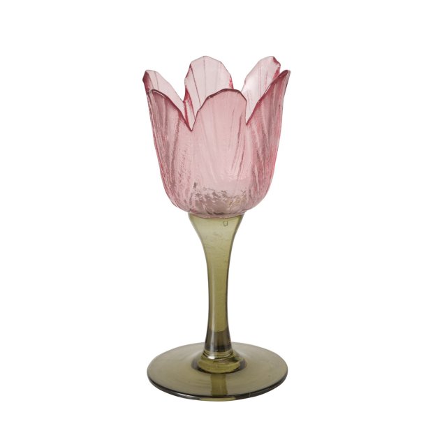 NYDELIG GLASS LYSESTAKE P STETT, H 17 CM, MRK ROSA