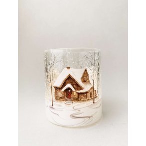 DET VAKRESTE LYSGLASS, KRAKELERT MED HYTTE MOTIV, 9 X 10 CM