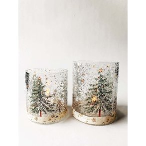 NYDELIG LYSGLASS, KRAKELERT MED JULETRE MOTIV, H 12,5 CM