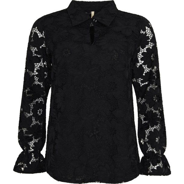 DEN VAKRESTE BLUSE MED GJENNOMSIKTIGE ERMER OG BLONDE, SVART