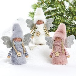 SKJNN LITEN ENGEL MED KLR OG LUE I "TEDDY" STOFF, ROSA, H 11 CM