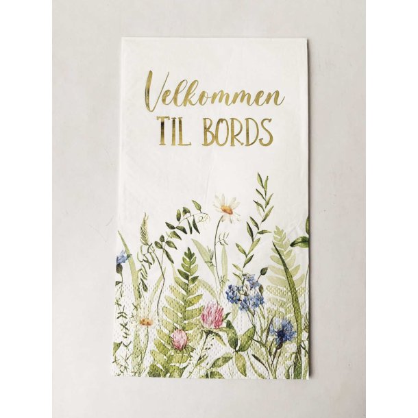 VAKKER BUFFET SERVIETT MED MARKBLOMSTER OG TEKST, 33 X 40 CM