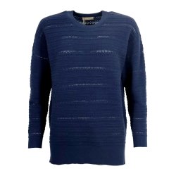 NYDELIG GENSER MED M�NSTERSTRIKK, VISCOSE BLANDING, MARINEBL�