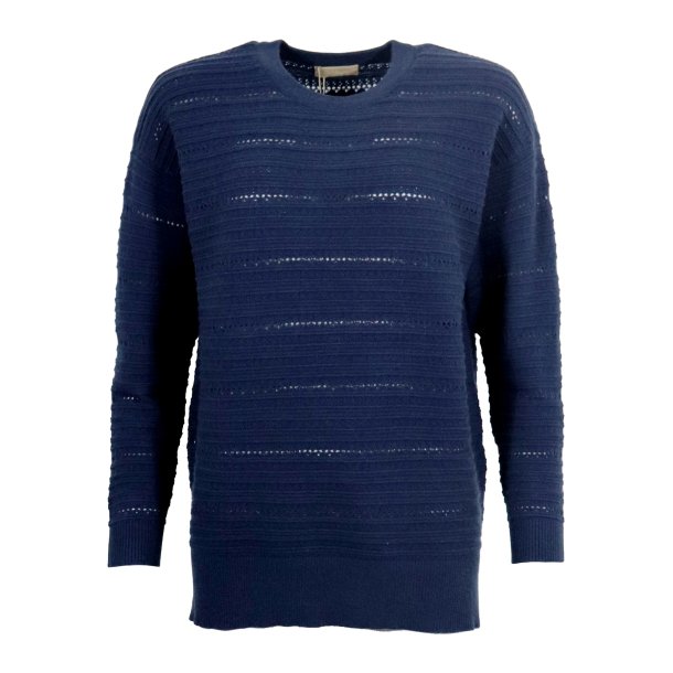 NYDELIG GENSER MED M�NSTERSTRIKK, VISCOSE BLANDING, MARINEBL�