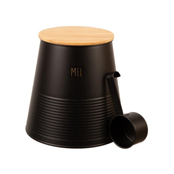 TRENDY BOKS TIL MEL I SORT METALL MED  BAMBUS LOKK, H 17,5 CM