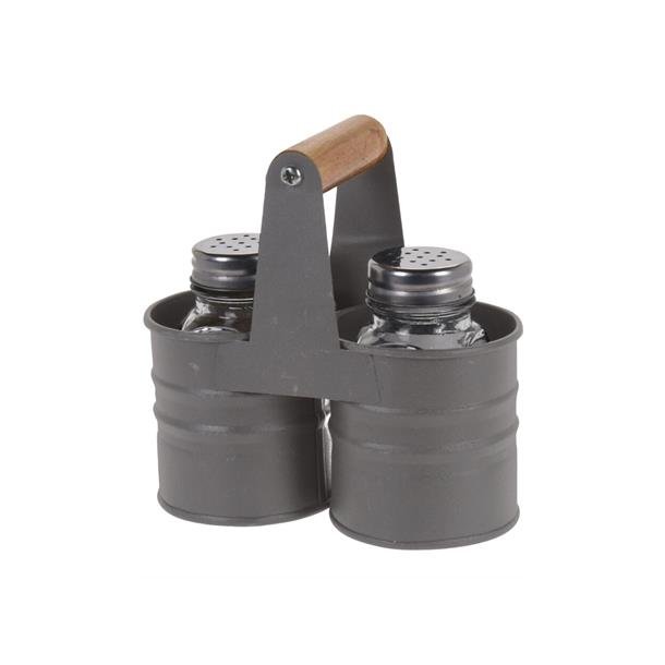 SALT OG PEPPER GLASS MED GR� METALLHOLDER, H 13 CM