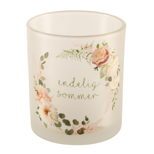 DET LEKRESTE LYSGLASS MED ROSEMOTIV OG TEKST "ENDELIG SOMMER", 9 x 10 CM