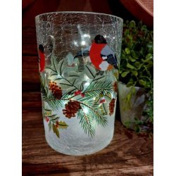 VAKKERT LYSGLASS, KRAKELERT MED DOMPAPP MOTIV, 10 x 10 x 15 cm