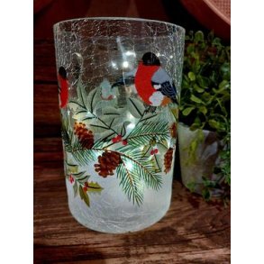 VAKKERT LYSGLASS, KRAKELERT MED DOMPAPP MOTIV, 10 x 10 x 15 cm