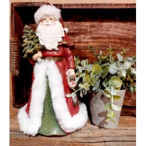 NYDELIG NISSE, RD MED HVIT PELS OG JULETRE, H 23 CM