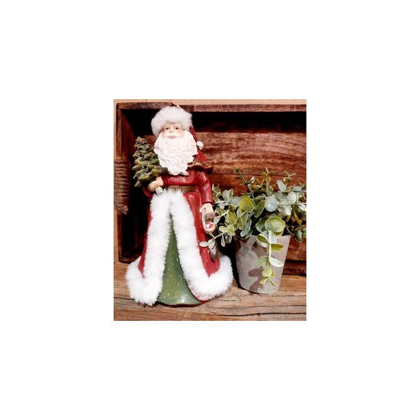 NYDELIG NISSE, RD MED HVIT PELS OG JULETRE, H 23 CM