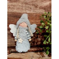 SKJNN LITEN ENGEL MED KLR OG LUE I "TEDDY" STOFF, GR, H 11 CM