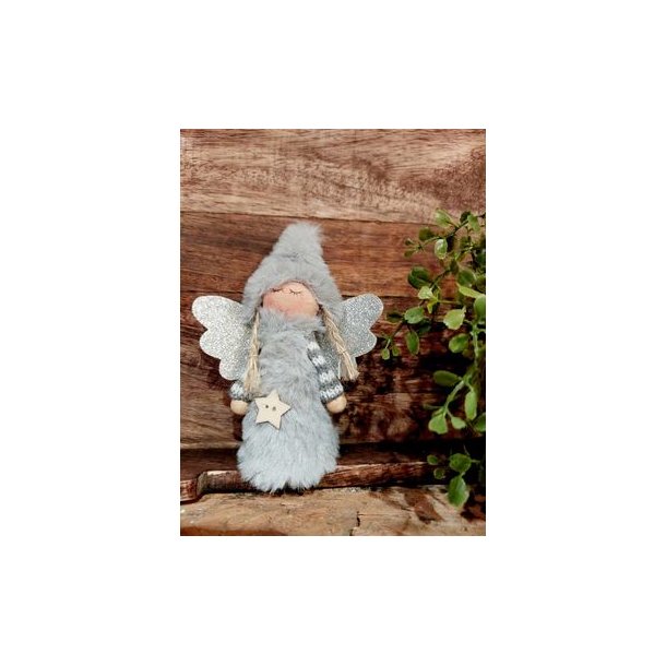 SKJNN LITEN ENGEL MED KLR OG LUE I "TEDDY" STOFF, GR, H 11 CM