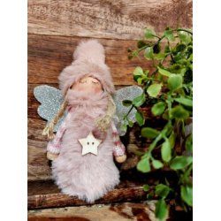 SKJNN LITEN ENGEL MED KLR OG LUE I "TEDDY" STOFF, ROSA, H 11 CM