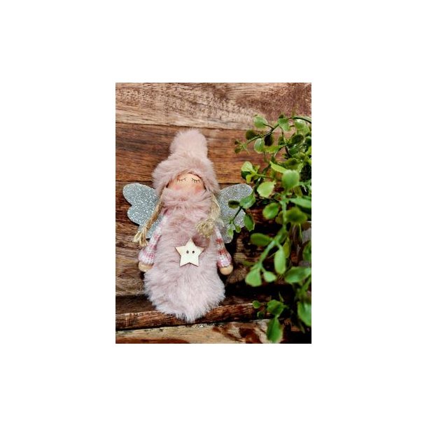 SKJNN LITEN ENGEL MED KLR OG LUE I "TEDDY" STOFF, ROSA, H 11 CM