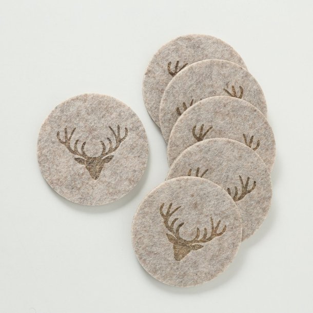 6 STK. GLASSBRIKKER I FILT MED HJORTEHODE