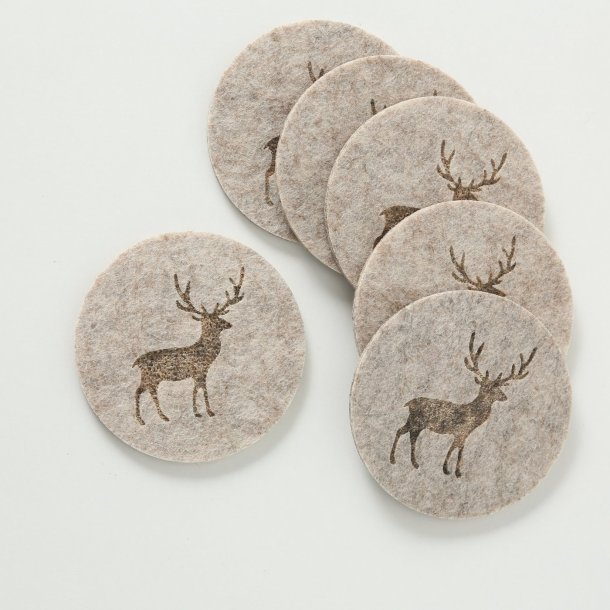 6 STK. GLASSBRIKKER I FILT MED HJORT