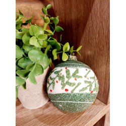 NYDELIG GLASSKULE, HVIT OG GR�NN MED R�DE B�R, 8 CM