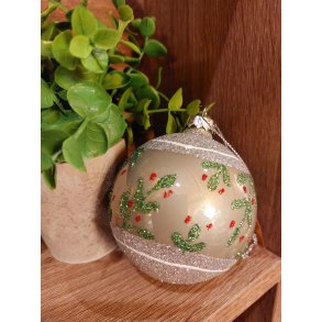 NYDELIG GLASSKULE, HVIT OG GRNN MED RDE BR, 8 CM