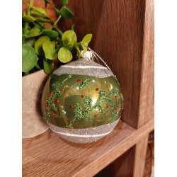 NYDELIG GLASSKULE, HVIT OG GRNN MED RDE BR, 8 CM