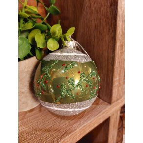 NYDELIG GLASSKULE, HVIT OG GRNN MED RDE BR, 8 CM