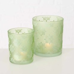 NYDELIG LYSGLASS, GR�NN MED M�NSTER, H 10 CM