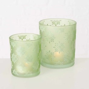 NYDELIG LYSGLASS, GR�NN MED M�NSTER, H 8 CM