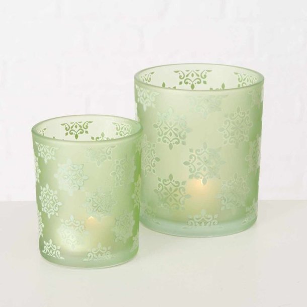 NYDELIG LYSGLASS, GR�NN MED M�NSTER, H 8 CM