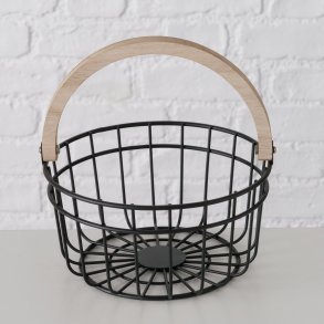 LEKKER RUND KURV I METALL OG TRE, SVART, 23 X 12 CM