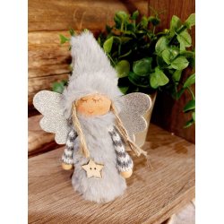 SKJNN LITEN ENGEL MED KLR OG LUE I "TEDDY" STOFF, GR, H 11 CM