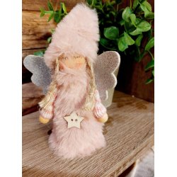 SKJNN LITEN ENGEL MED KLR OG LUE I "TEDDY" STOFF, ROSA, H 11 CM