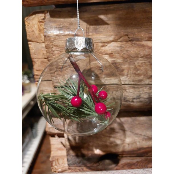 NYDELIG GLASSKULE, KLART GLASS MED GRNNE GRENER OG RDE BR