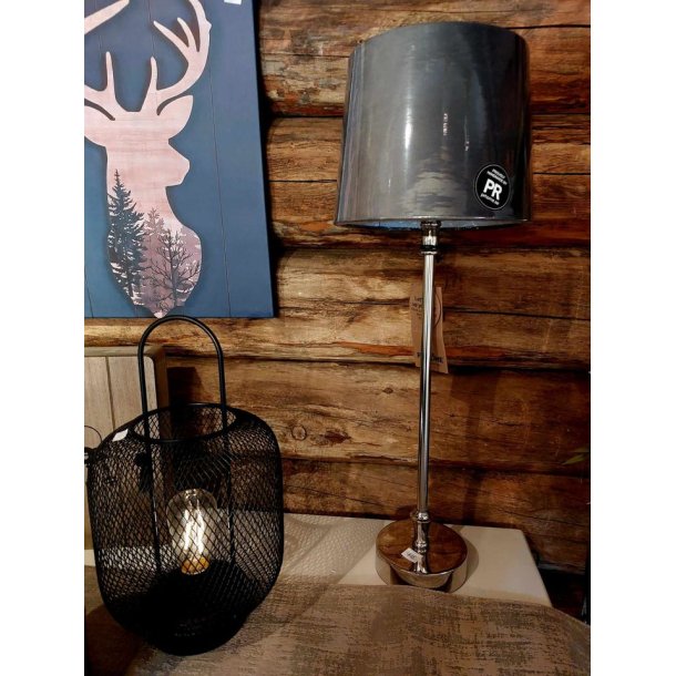 TRENDY OG STILIG BORDLAMPE, SLVFARGET MED GR SKJERM, H 56 CM M/SKJERM