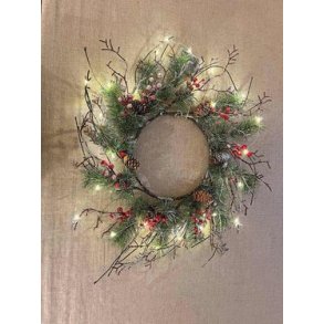 EKSKLUSIV JULEKRANS, GRNN MED RDE BR OG LEDLYS,  58 CM 