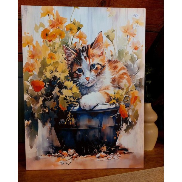 VAKKERT BILDE, LERRET P TRERAMME MED KOSELIG KATTEMOTIV, 30 X 40 CM