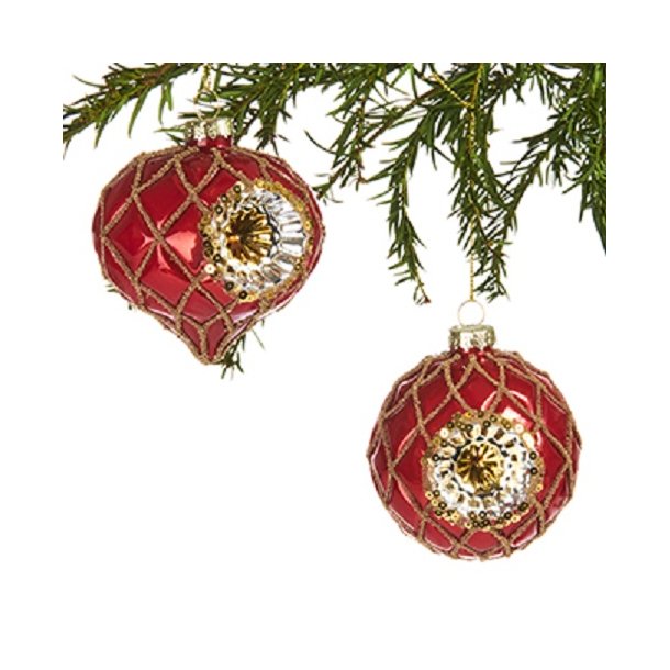 NYDELIG, GAMMELDAGS JULEKULE I GLASS, RUND, RD MED GULLDEKOR, 8 CM