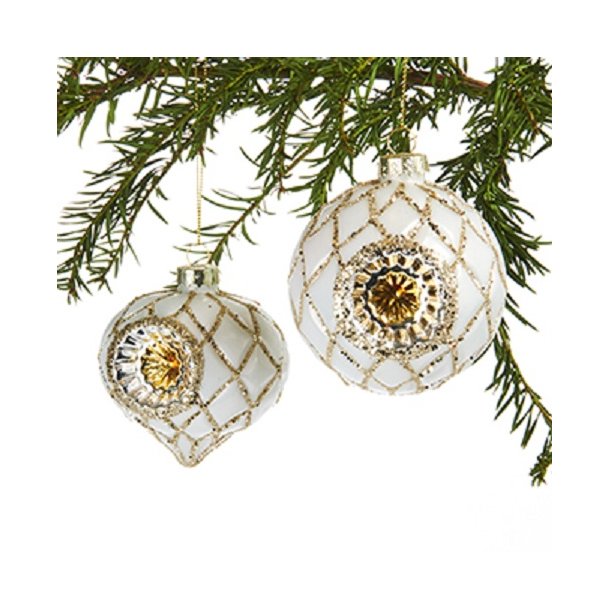 NYDELIG, GAMMELDAGS JULEKULE I GLASS, DRPEFORMET, HVIT MED GULLDEKOR, 8 CM