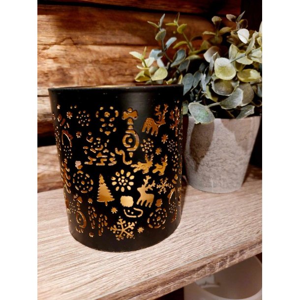 STILIG LYKT, SVART MED GJENNOMBRUTT MNSTER, H 12 CM