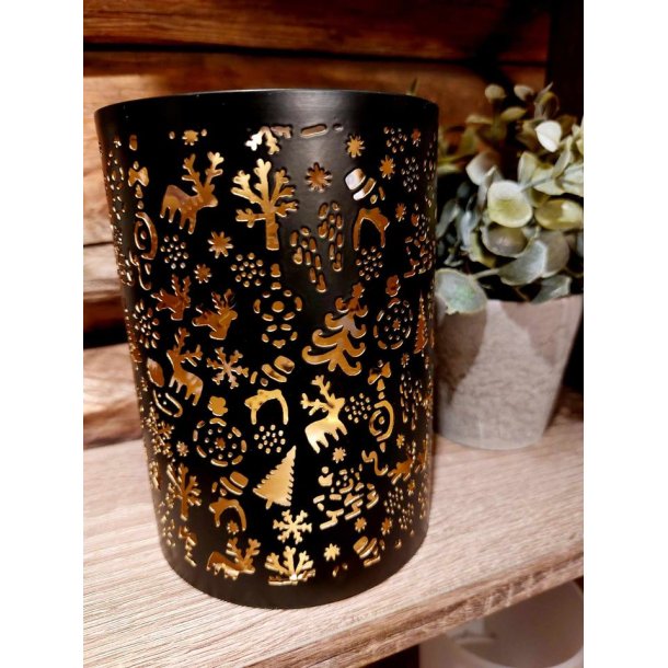 STILIG LYKT, SVART MED GJENNOMBRUTT MNSTER, H 18 CM